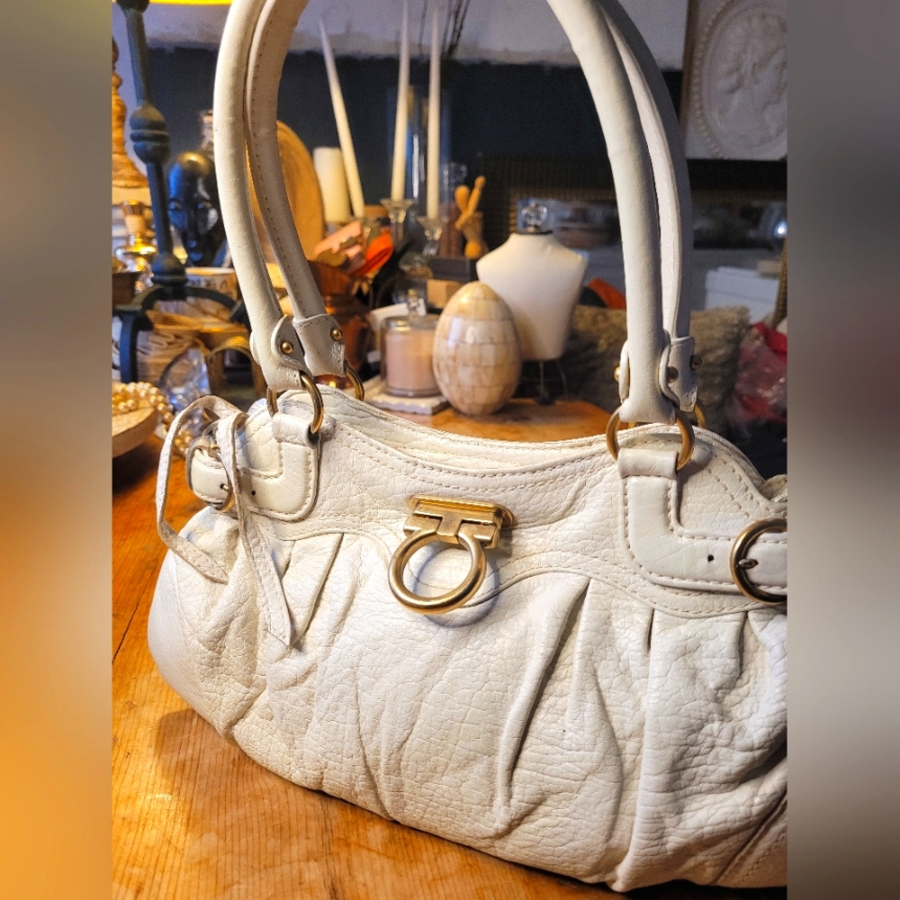 Salvatore Ferragamo White Shoulder Bag with Gold Hardware